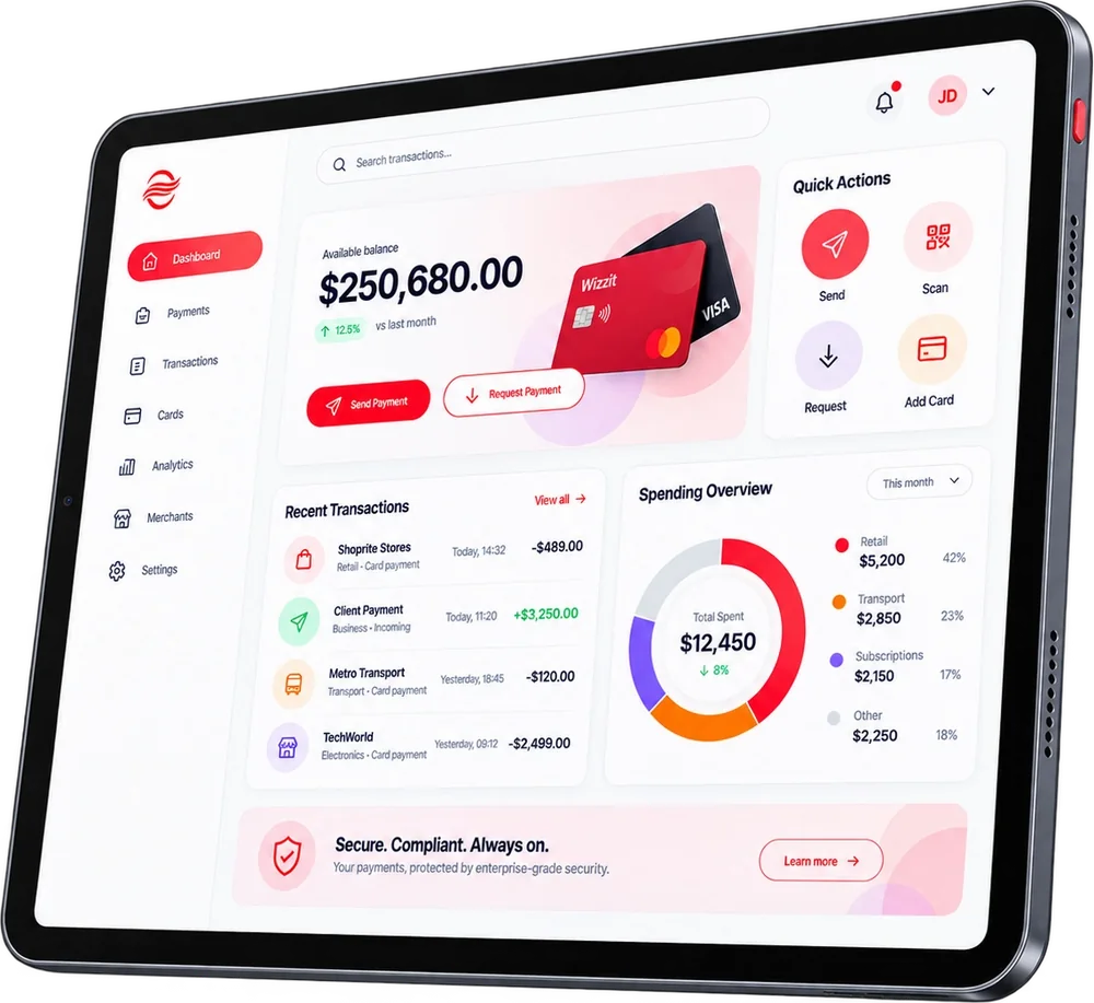 Wizzit merchant dashboard on a tablet
