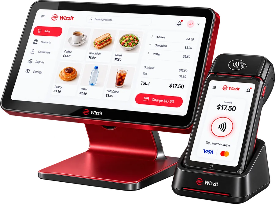 Wizzit point-of-sale screen and card terminal showing a $17.50 payment