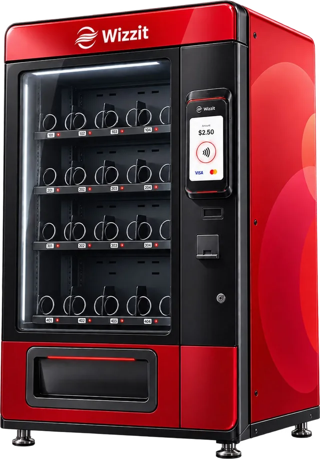 Wizzit-branded vending machine with a contactless payment screen