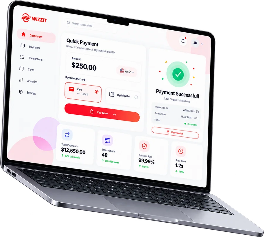 Wizzit payment dashboard on a laptop showing a successful payment